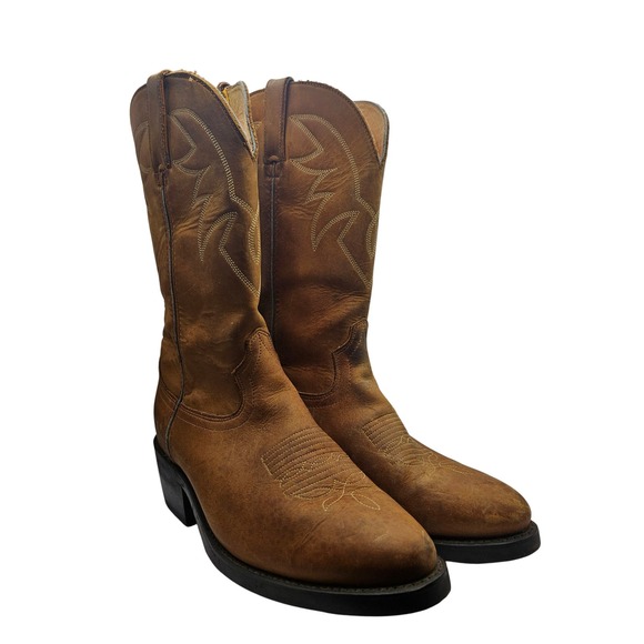 Mens Brown Leather Cowboy Western Boots Riding Pull On Round Toe size‎ 8EE - Picture 2 of 14